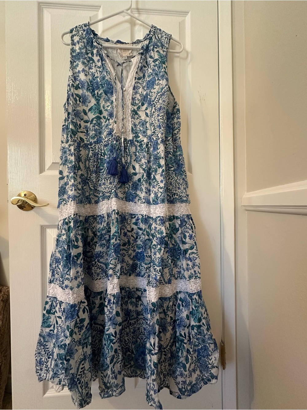 JOHNNY WAS Blue & White Floral Tiered Lace-Trim Sundress